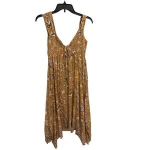 Angie Womens Small Smocked Floral Tan Boho Open Back Sleeveless Summer Dress NWT